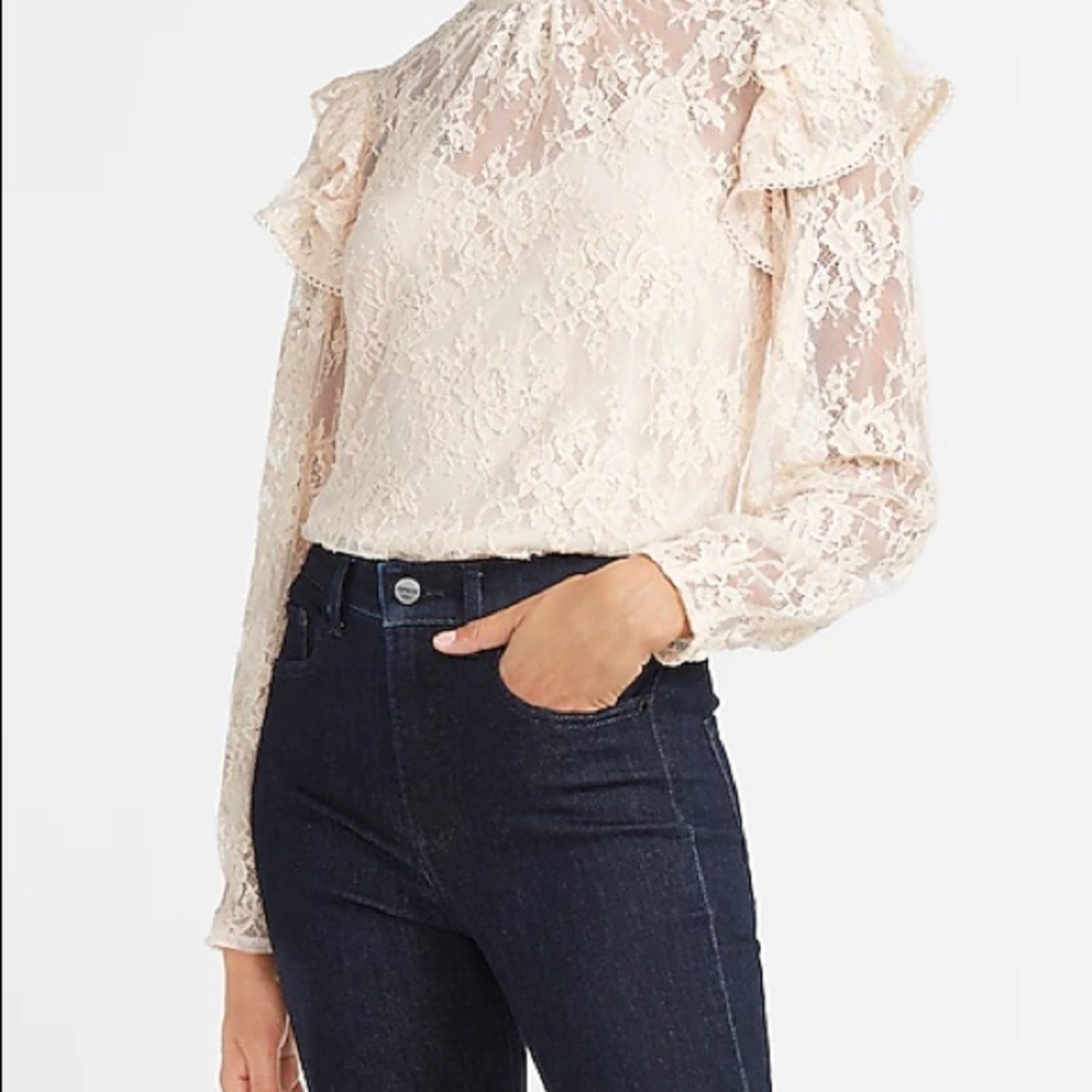 Express Cream Lace Ruffle Mock Neck Top in Size XS